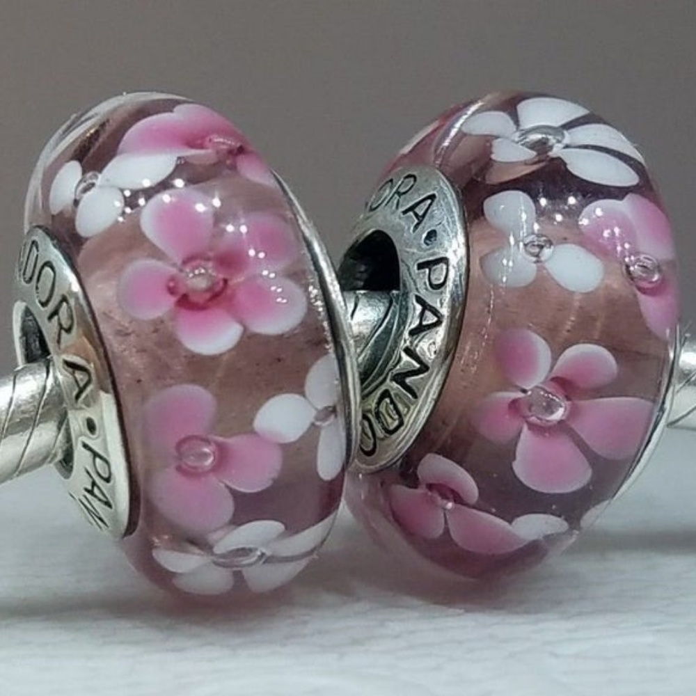 set 2 Charms Pandora flowers pink shade Muranos